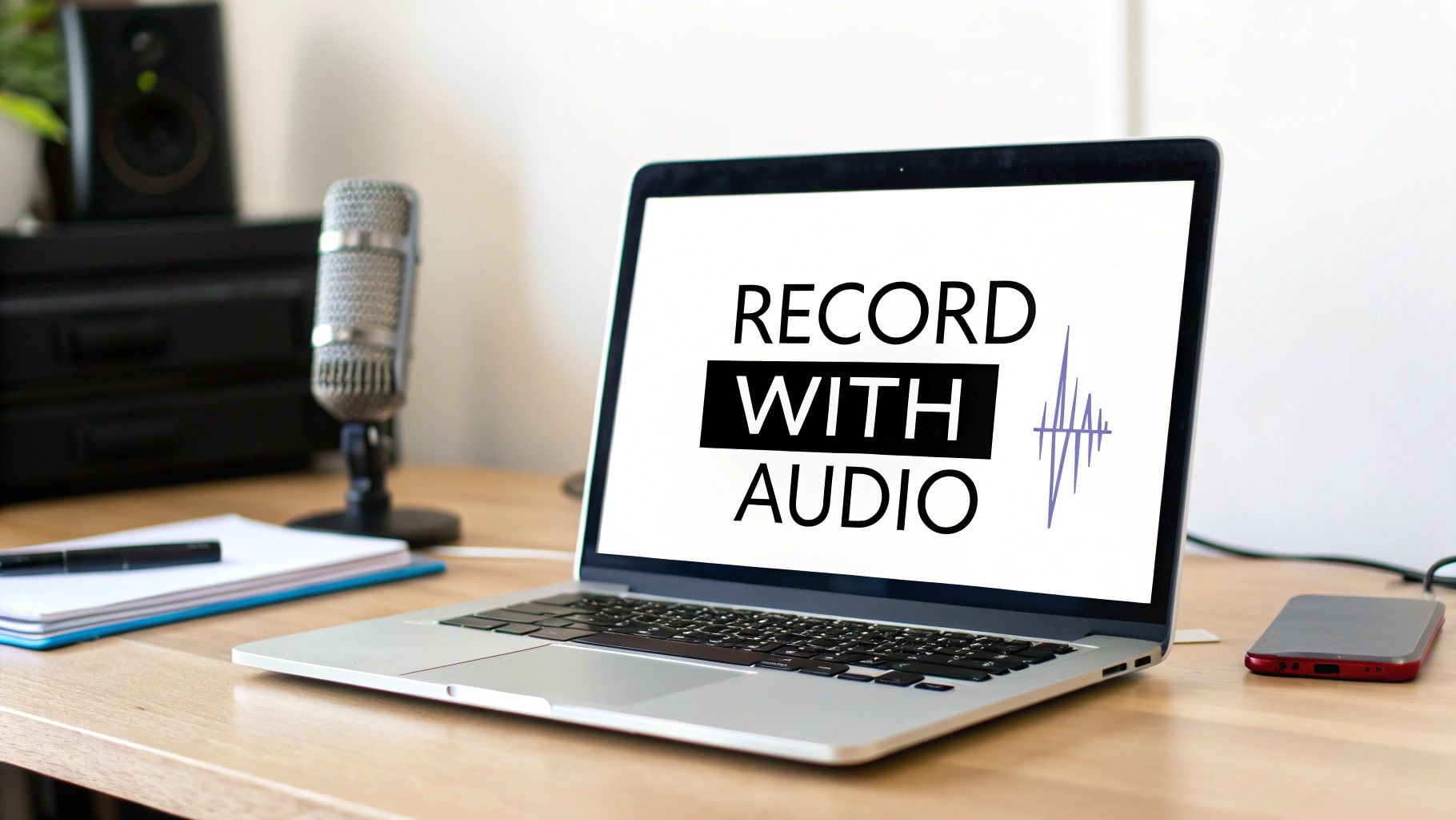 Laptop displaying record with audio text beside professional microphone on wooden desk setup