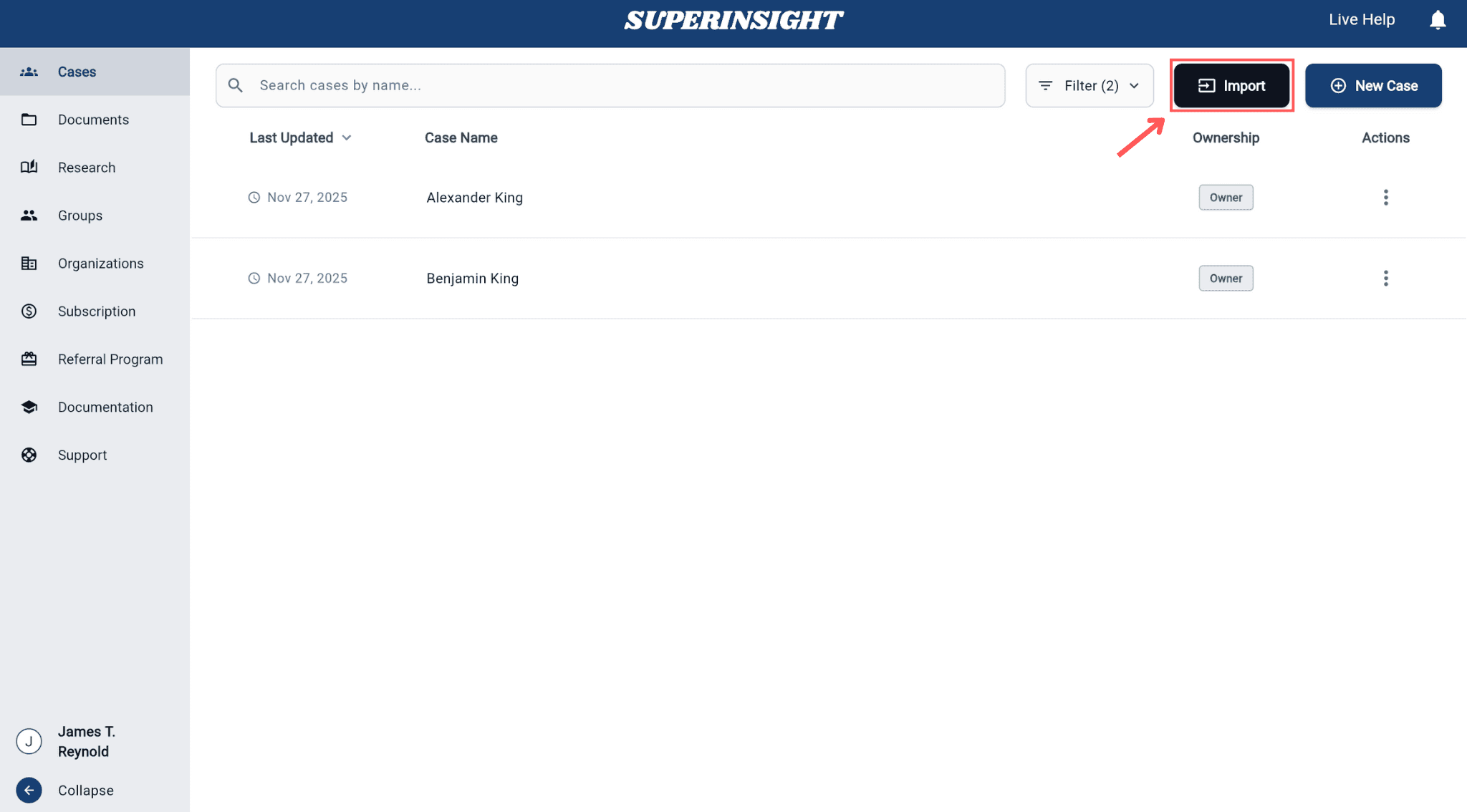 Superinsight Cases page with Import button