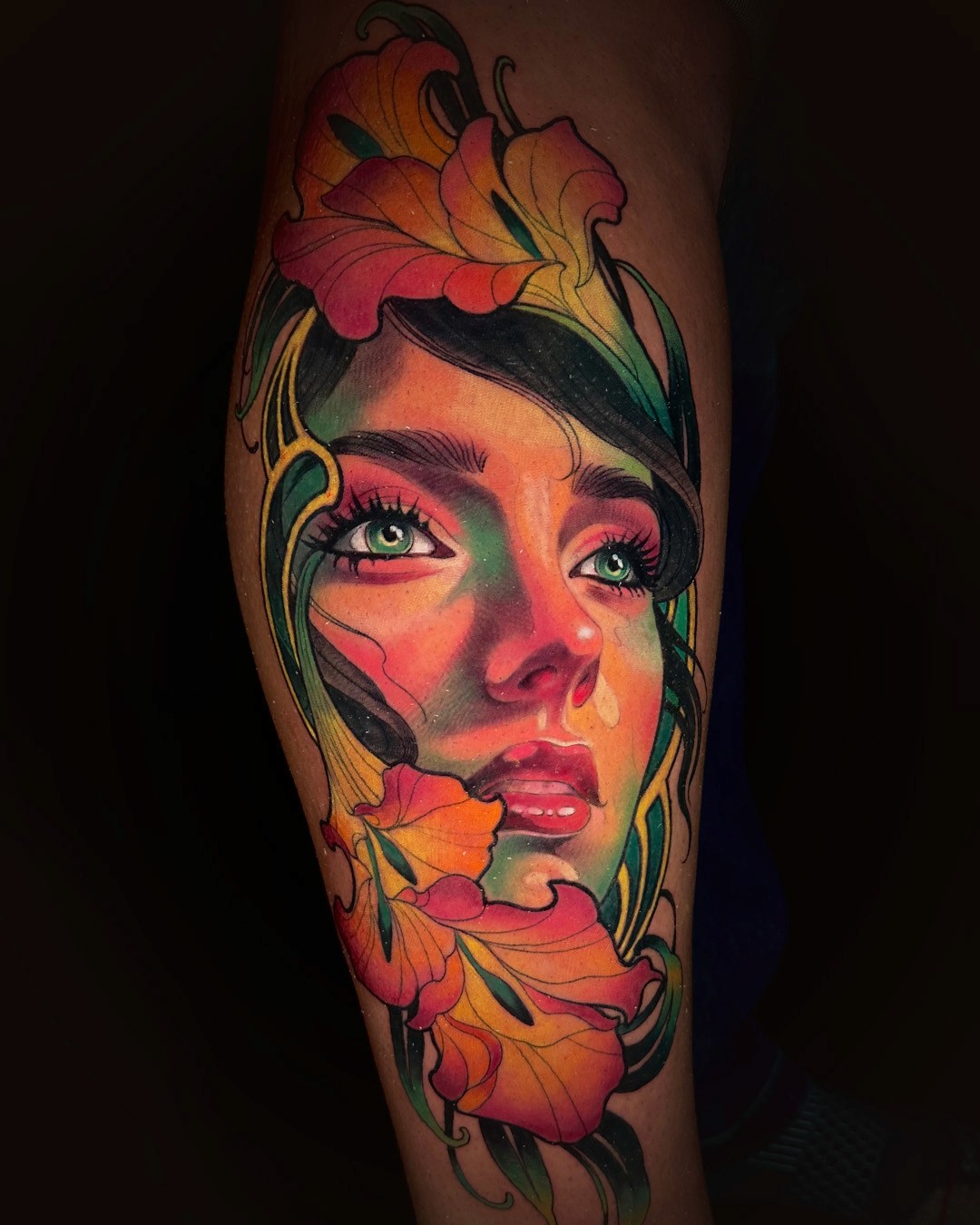 full color realistic portrait tattoo of a woman and leaves by Stephanie Heffron