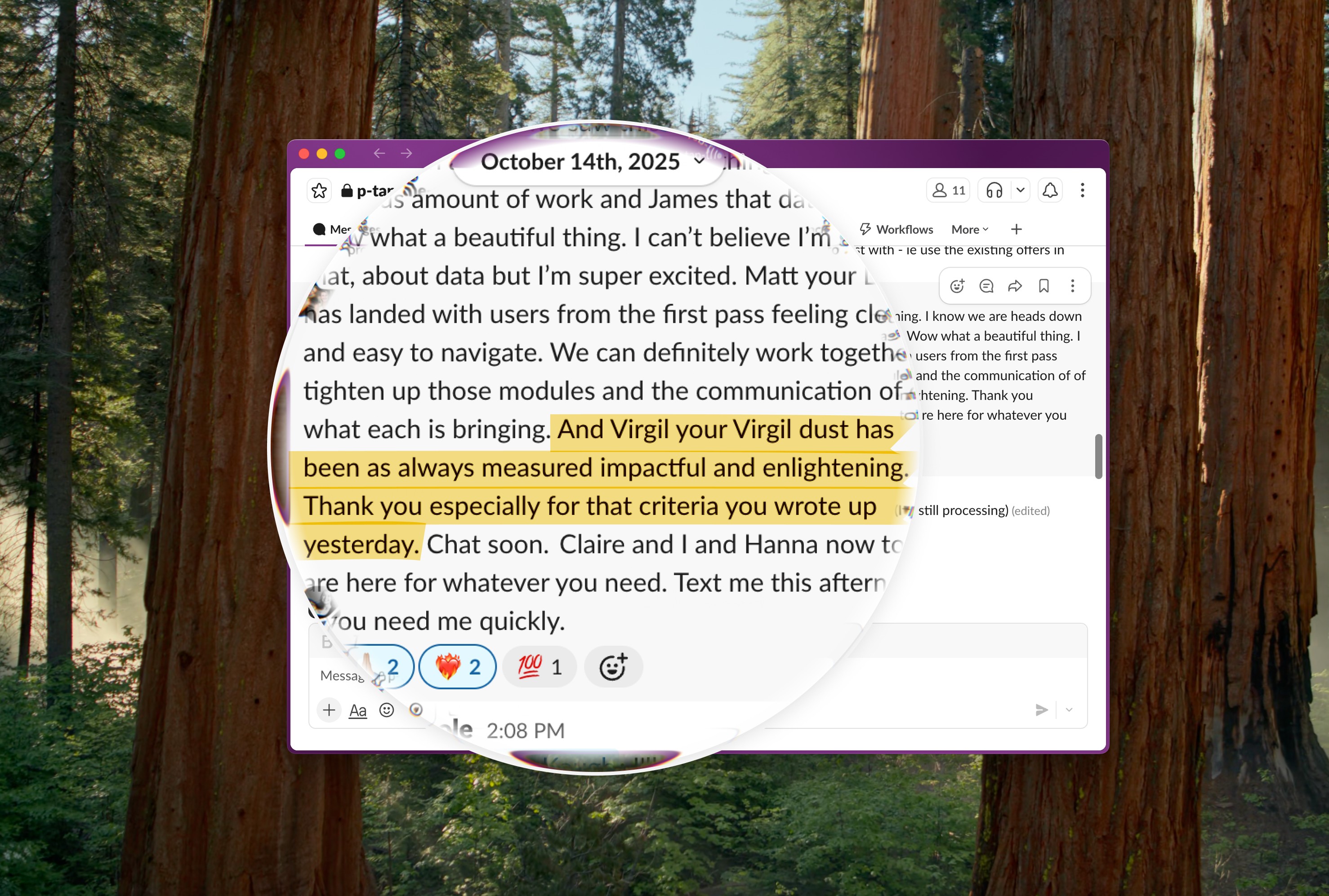 A computer screen displaying a Slack message with a section of the text highlighted in orange marker