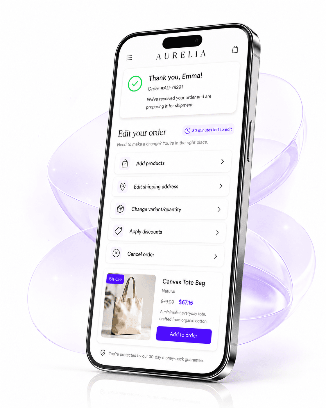 Revize order editing portal on mobile showing customer self-service options for changing shipping address and adding products