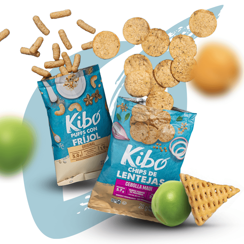 kibo brand packaging with chips flying around