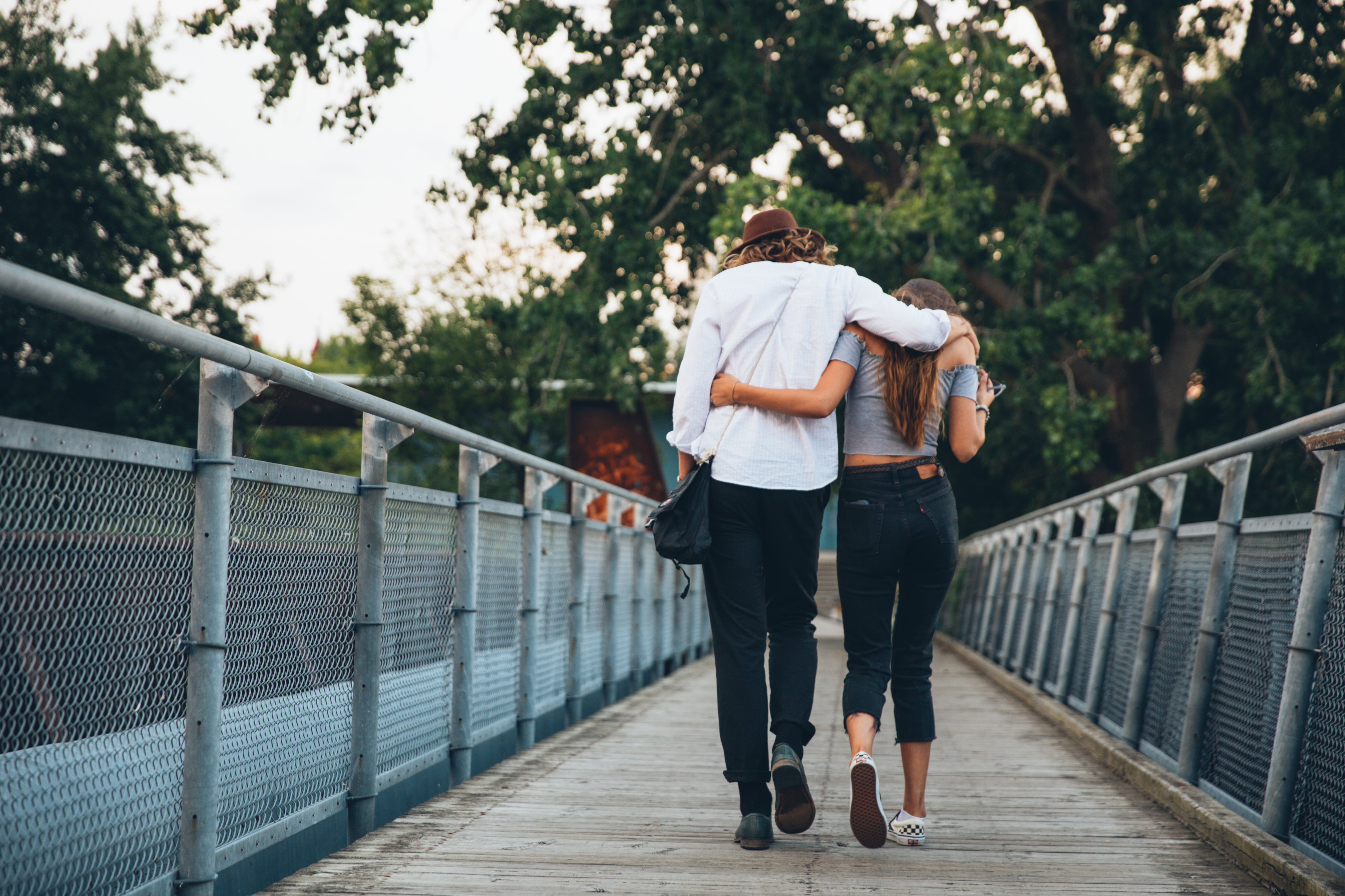 couple walk hug