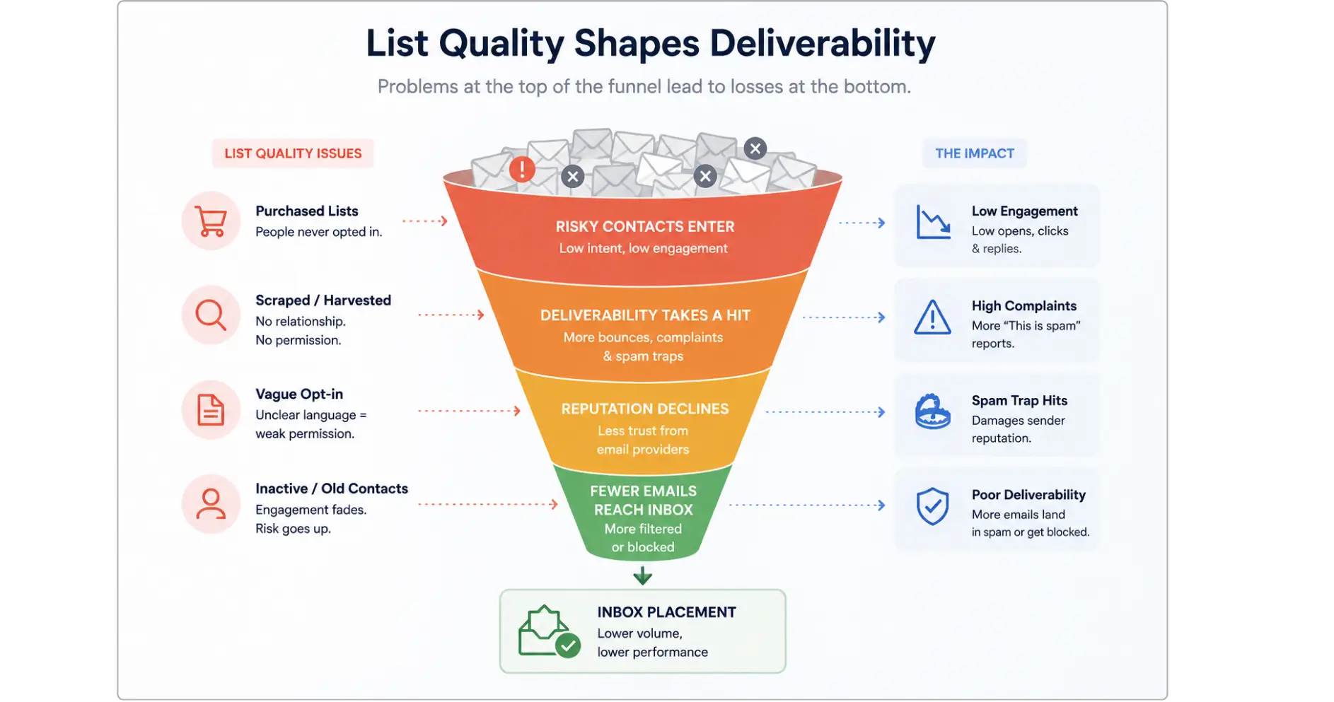 Funnel infographic showing how poor email list quality reduces inbox placement and hurts deliverability.