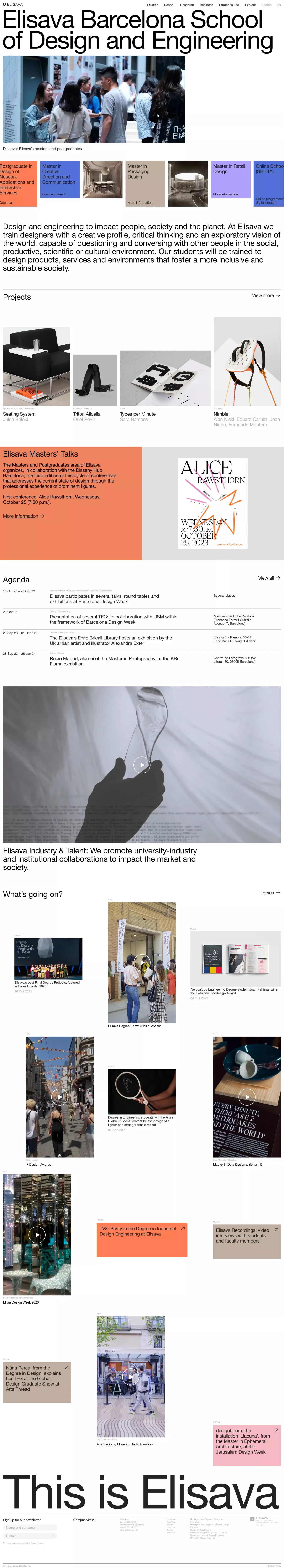 Elisava Barcelona School of Design and E other page screenshot showcasing Education and Local Business design