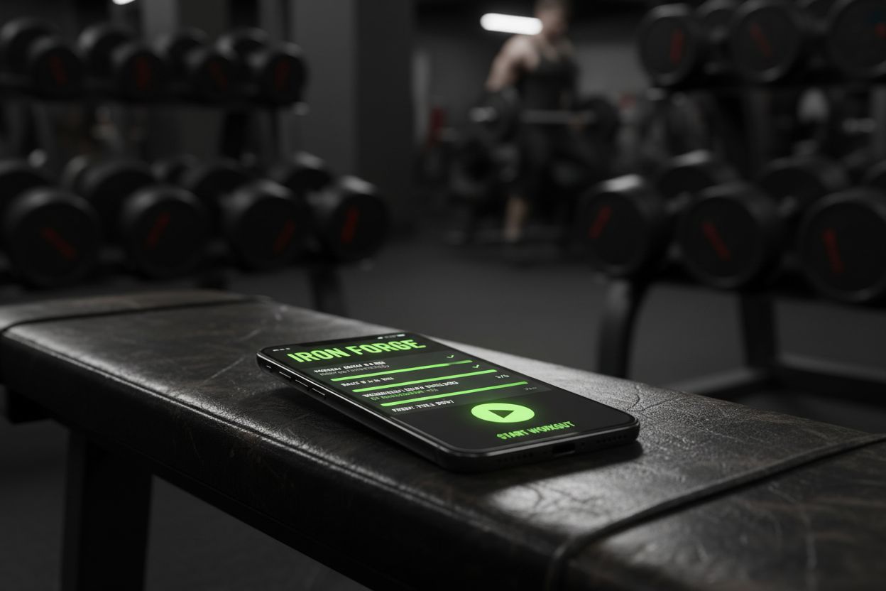 Smartphone showing a workout plan app in a gym