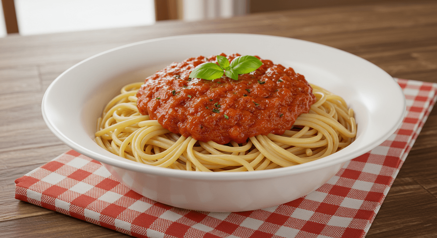 a bowl of pasta noodles with marinara sauce