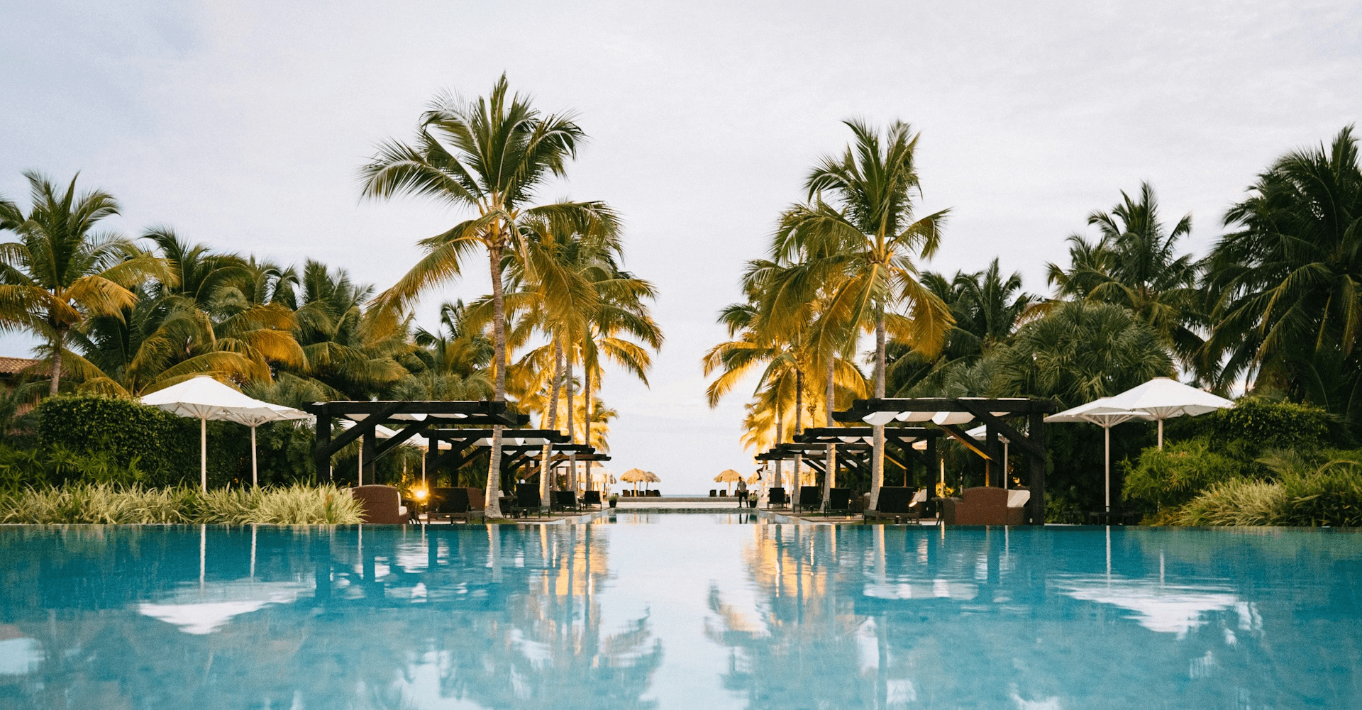 Resort surrounded by coconut trees with a swimming pool