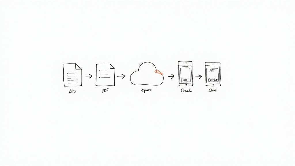 Workflow diagram: .dotx to PDF conversion, then cloud storage, mobile access, and chat sharing.