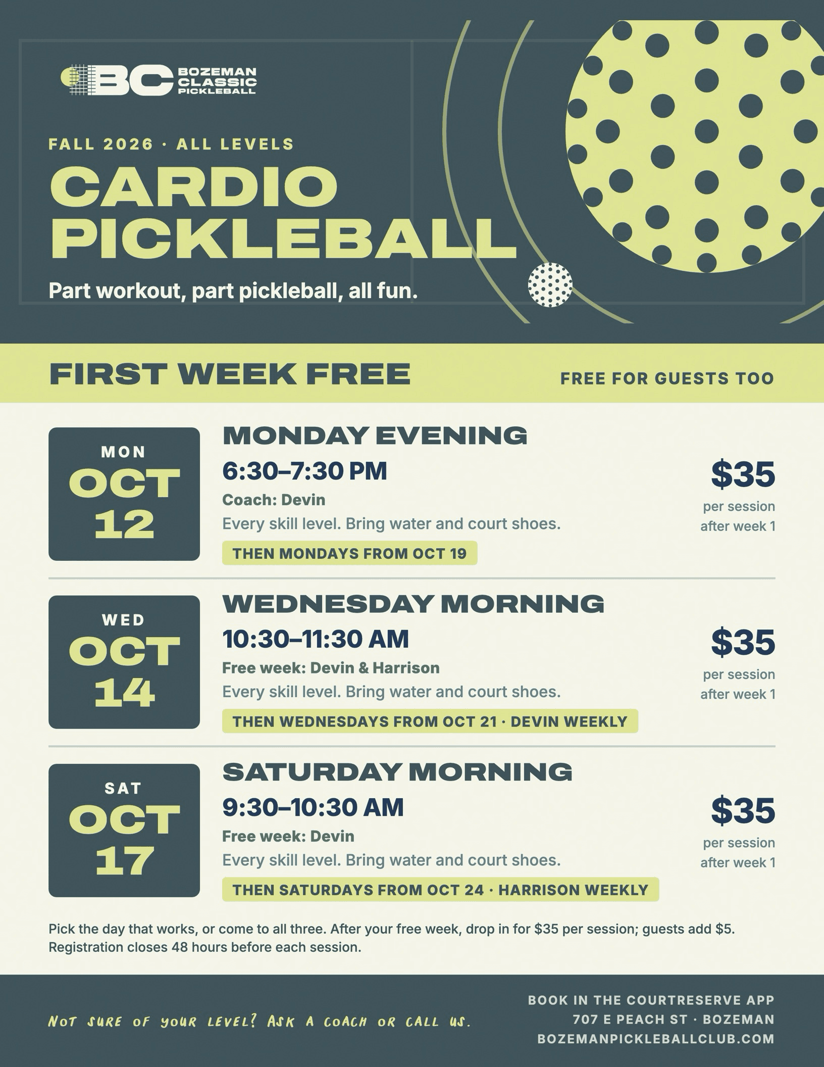 Cardio Pickleball flier: first week free Monday Oct 12, Wednesday Oct 14 and Saturday Oct 17.