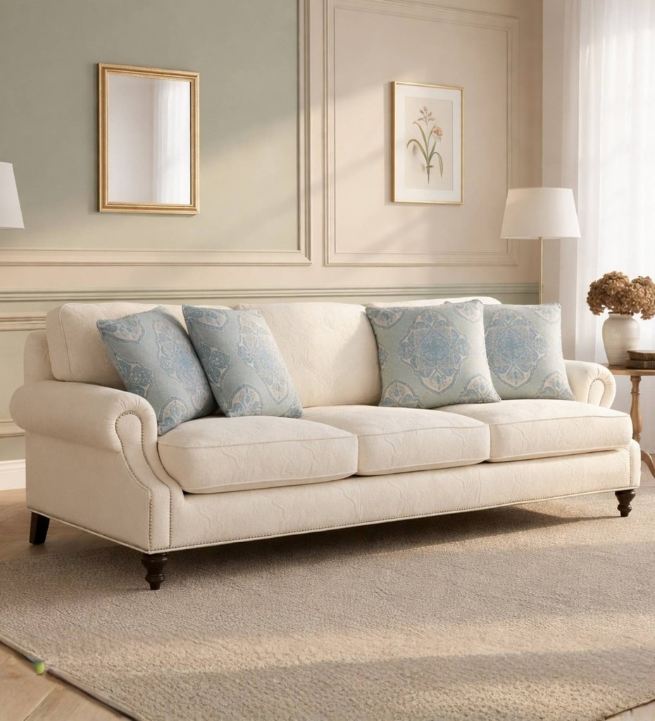 Luxury contemporary cane sofa with teal upholstery and wooden frame