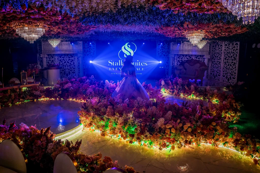 Aerial view of a debut reception glowing inside Pandora Hall, Stalla Suites QC