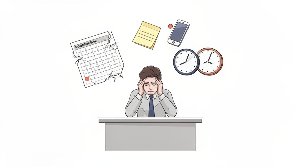 A man looking stressed at a desk, overwhelmed by a torn schedule, sticky note, smartphone, and clocks.
