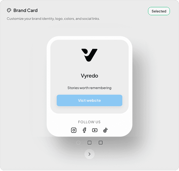 Vyredo brand card feature for placing wedding filmmaker on the final gallery.