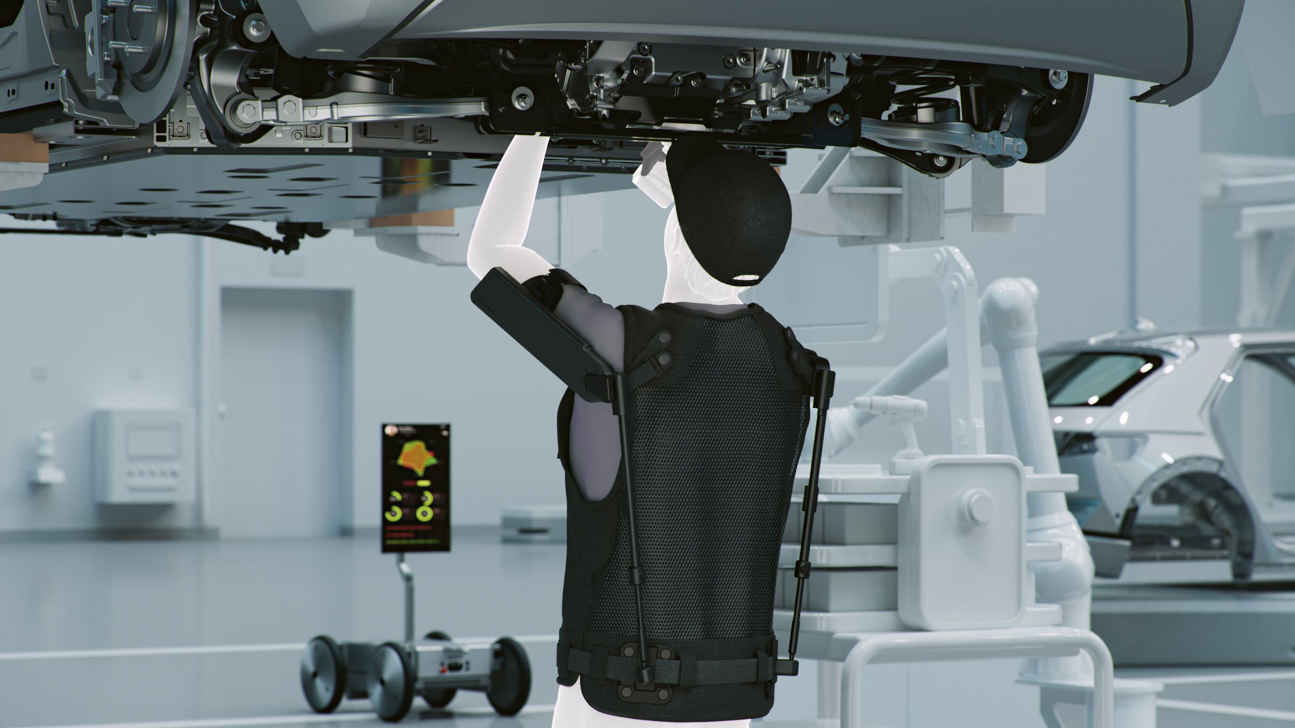 A human form wearing an exoskeleton suit works under a car in an advanced automotive workshop. In the background, there's a robotic device and a digital display with images of a wheel and mechanical parts.