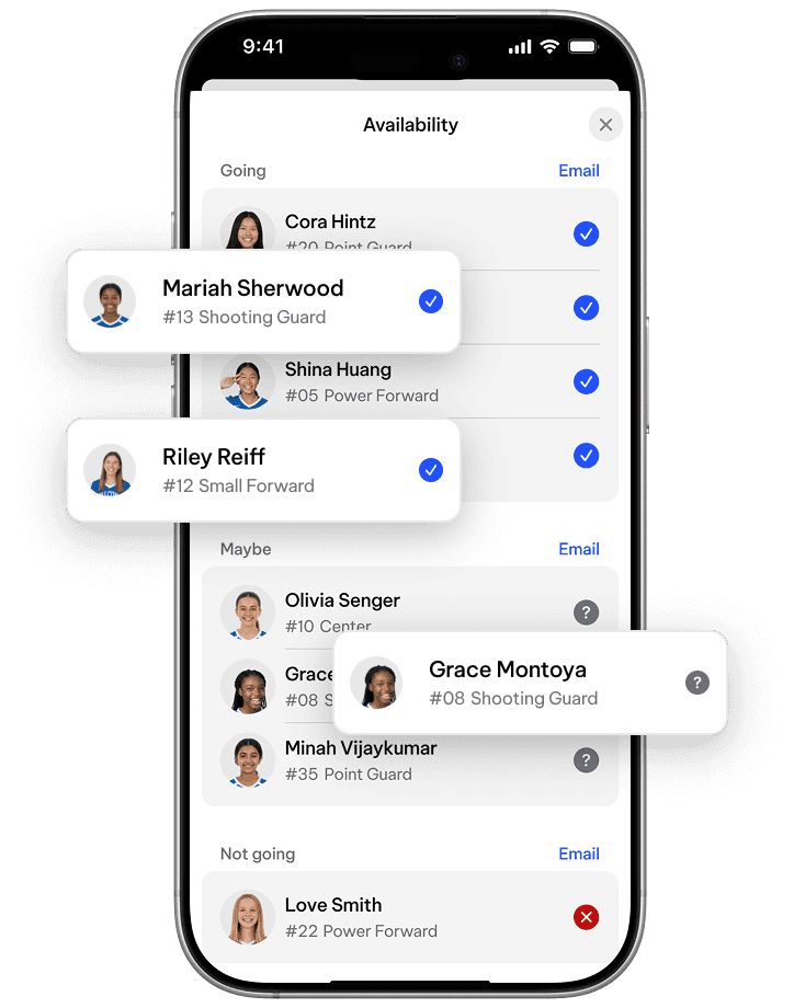 TeamLinkt player availability feature on mobile showing basketball players confirming game availability