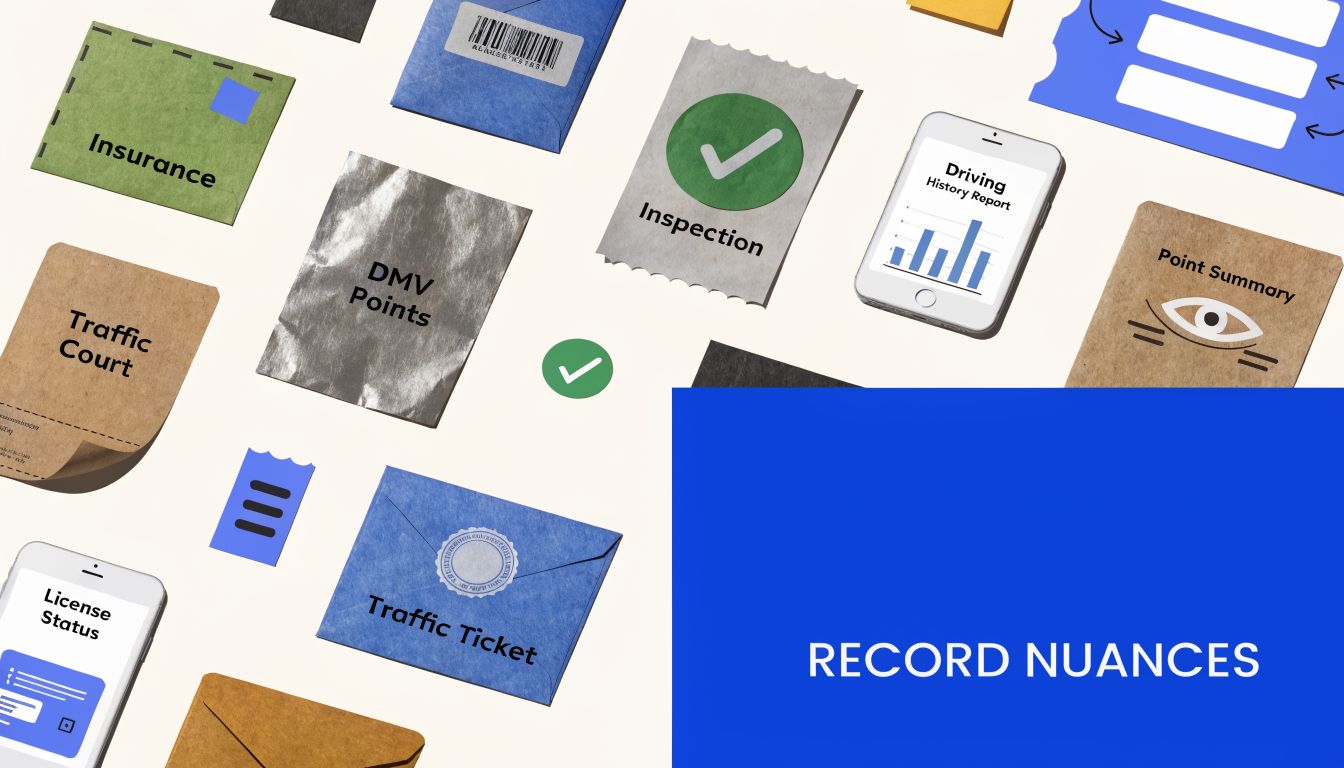 A flat lay image of various documents, envelopes, and mobile devices related to driving records and traffic violations.