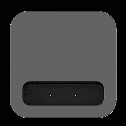 Gray square with black oval containing two small dots