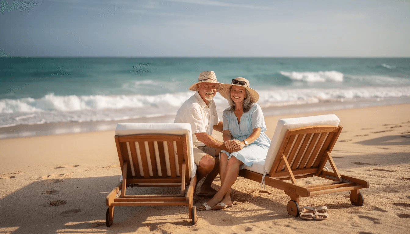 A retired couple sits comfortably on a sandy beach, enjoying the soothing sound of ocean waves in the background, embodying the essence of relaxation and tranquility. This idyllic scene contrasts with the complexities of real estate investments, such as Delaware statutory trust opportunities, where multiple investors can benefit from passive income potential and fractional ownership in institutional quality properties.