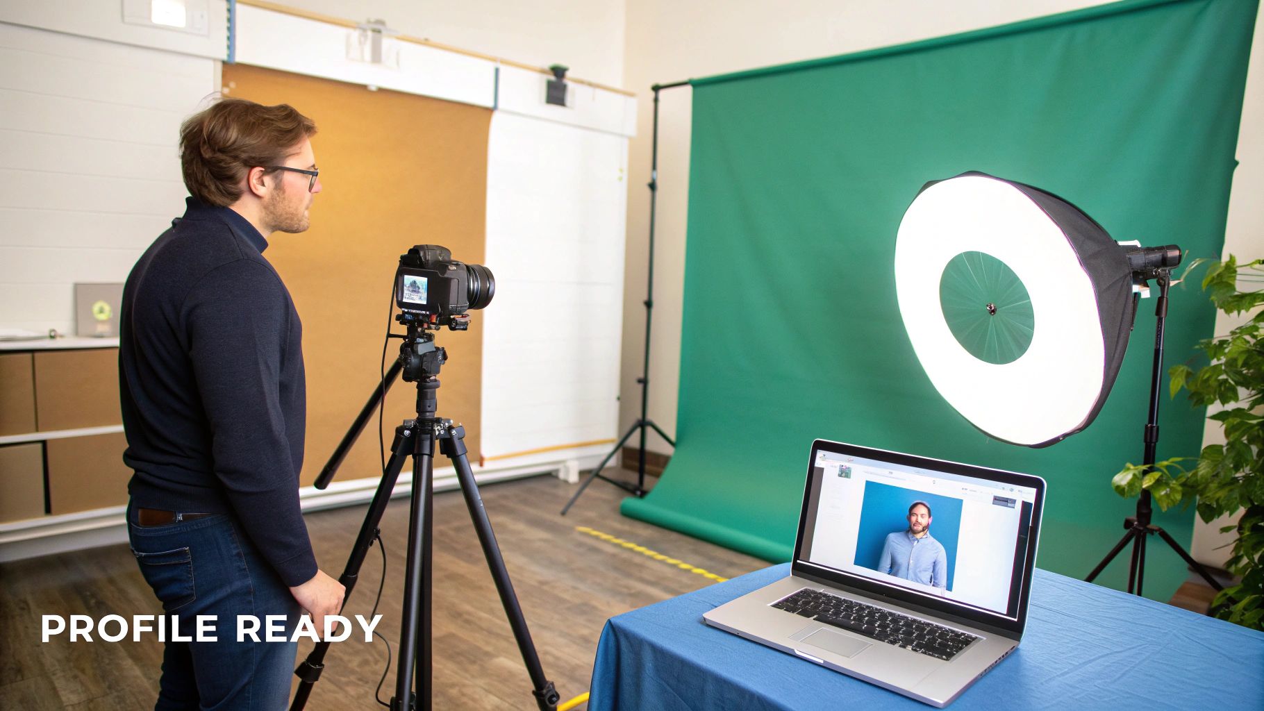 Man setting up a professional photo shoot with a camera, green screen, and laptop displaying a profile.