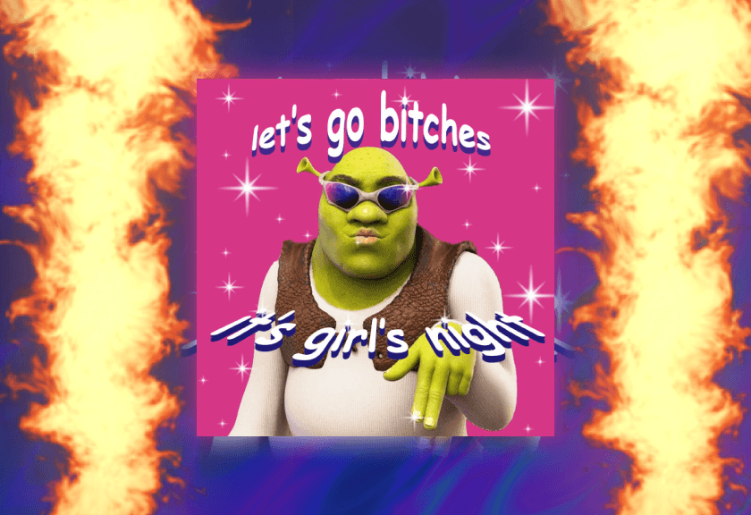 Fun and cheeky Galentine’s Day poster with Shrek, flames, and the bold text 'Let's go!