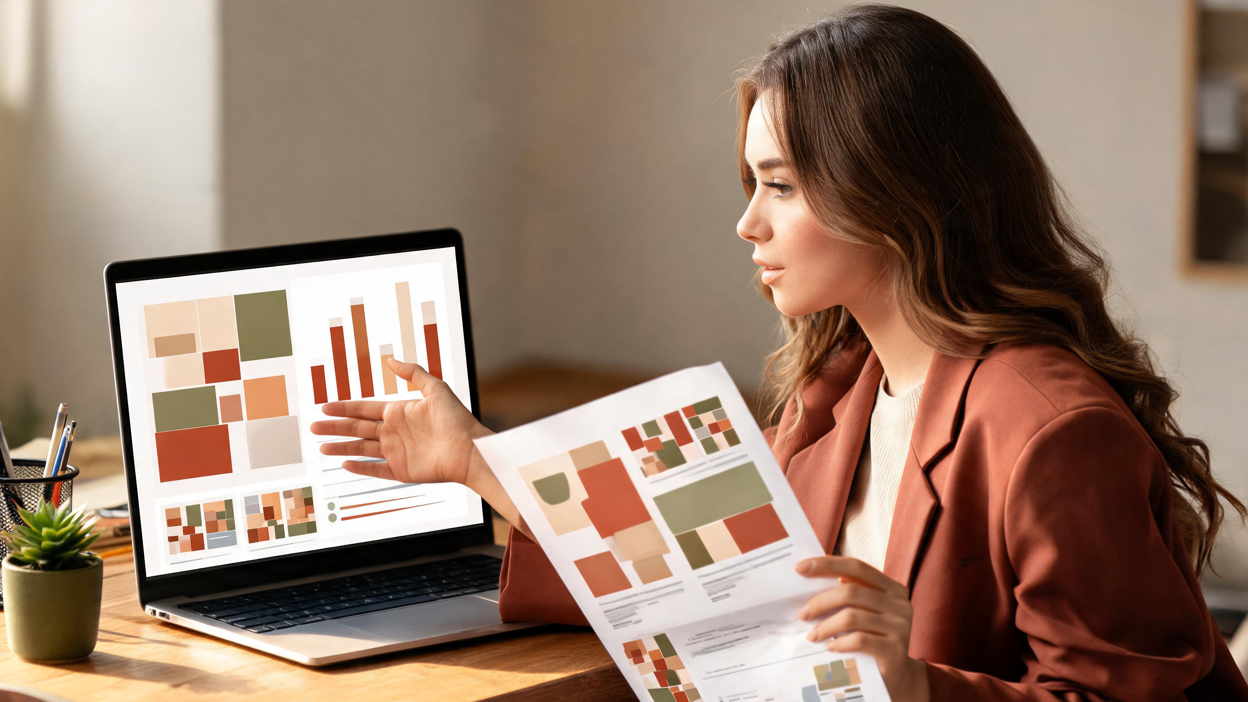 Brand reviewer examining a proof-first influencer media kit on a laptop in a creative studio