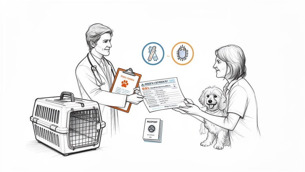 A veterinarian hands a pet health certificate to a dog owner, with a pet carrier nearby.