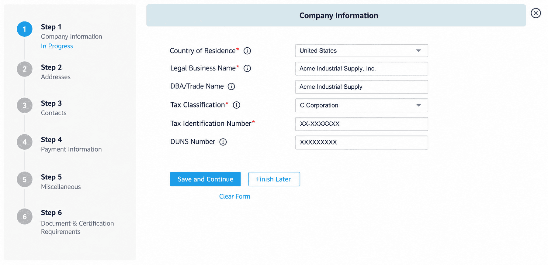 Supplier onboarding company information screen
