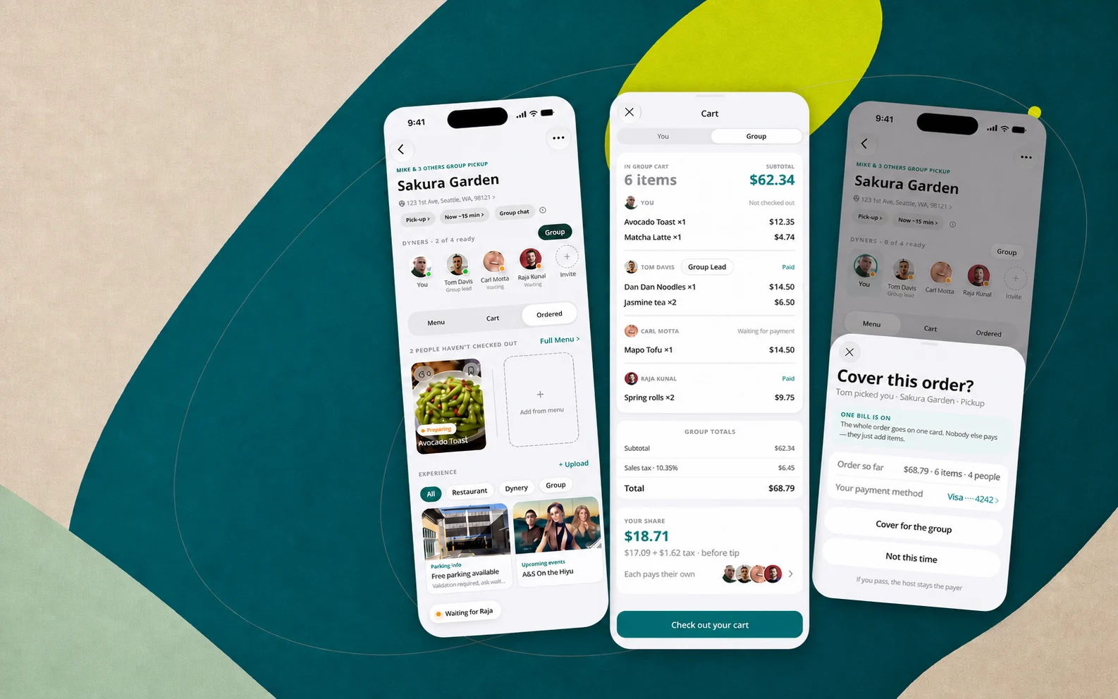 Three V2 surfaces side by side: SessionHome with the group roster two of four ready, the group cart with per-person funding states, and the Cover this order payer consent sheet.