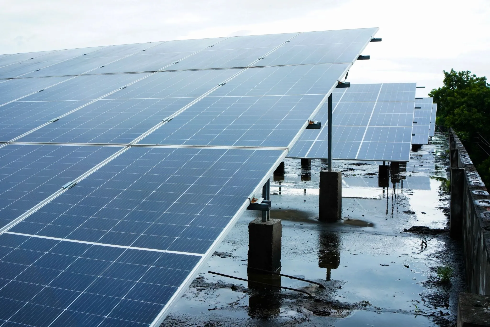 Rows of solar panels on a raised mounting structure on a flat rooftop