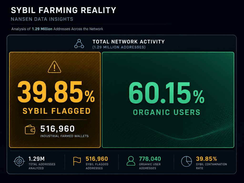 Data visualization showing 39.85 percent sybil detection rate in major airdrops, highlighting over 500,000 industrial farmed wallets versus organic users.