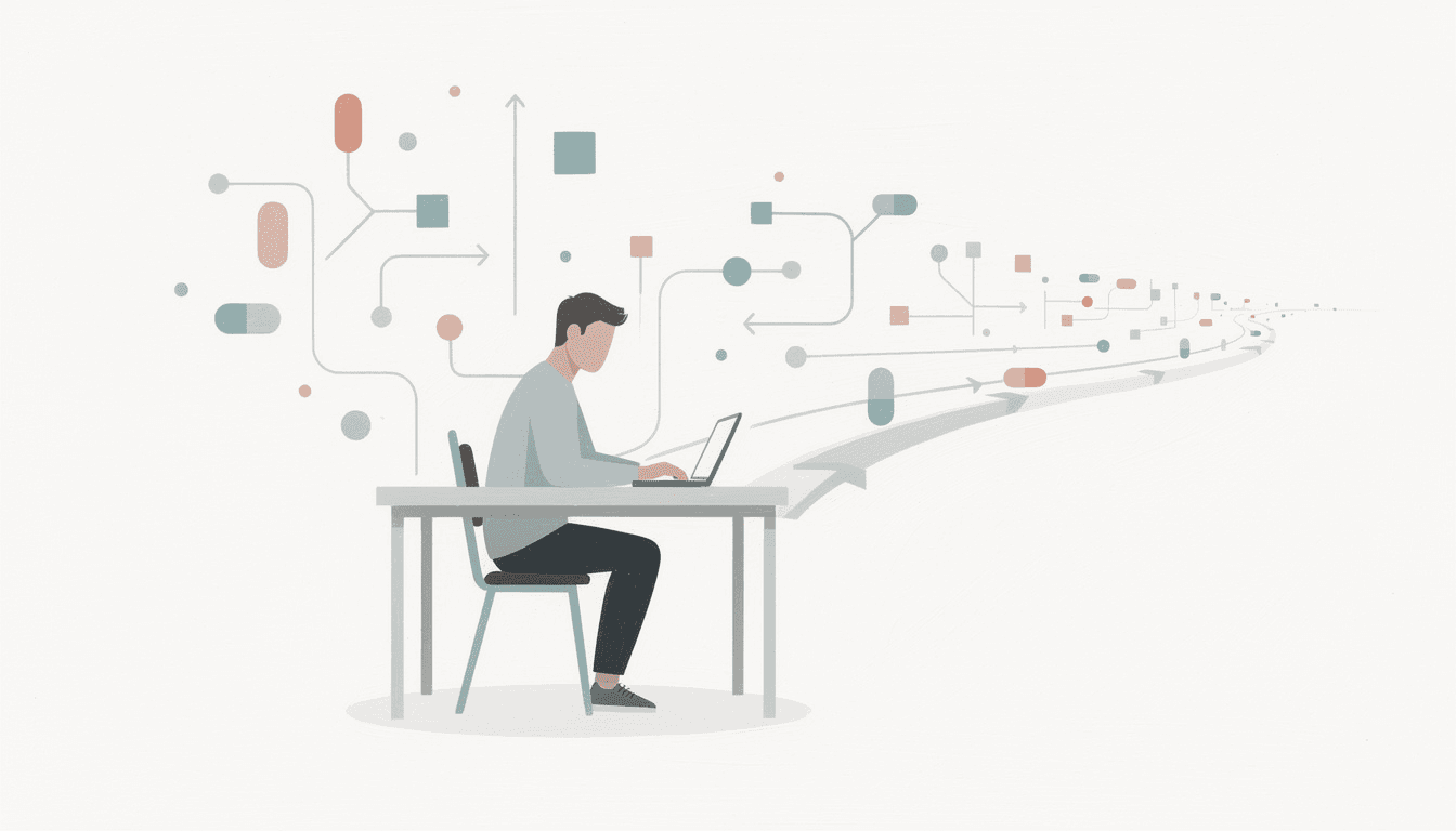 Solo founder at a laptop with scattered data points converging into a single clear path, representing the process of finding product-market fit after launching.