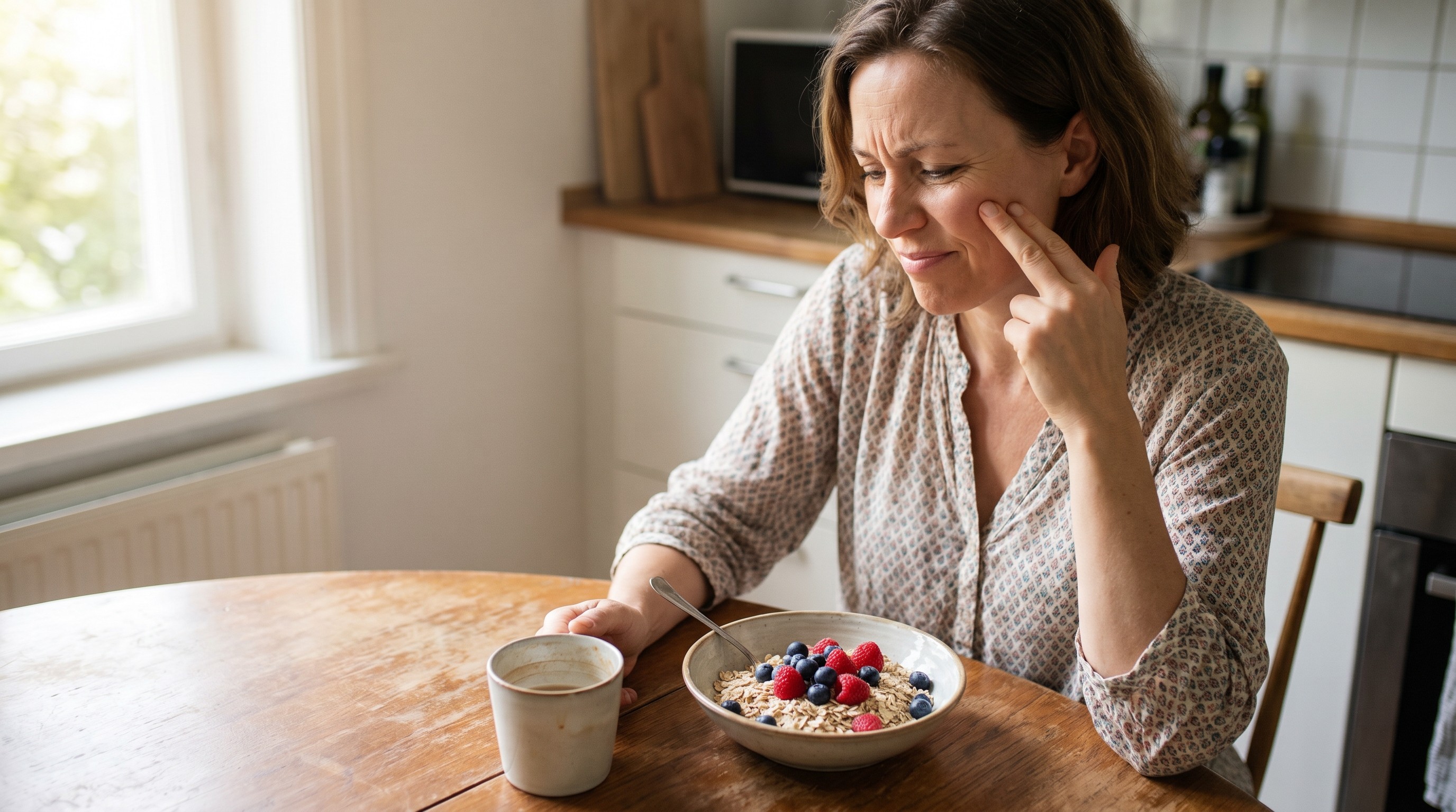 Woman at breakfast table pausing and touching her cheek while eating