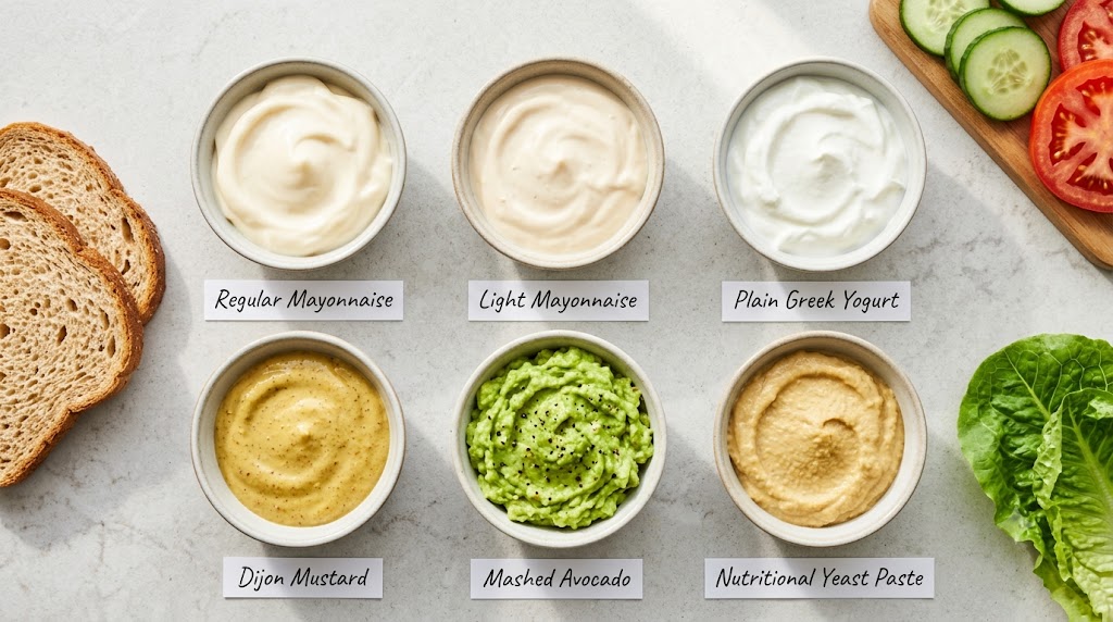 An overhead view of six small ceramic bowls comparing healthy sandwich spread alternatives with labels: Regular Mayonnaise, Light Mayonnaise, Plain Greek Yogurt, Dijon Mustard, Mashed Avocado, and Nutritional Yeast Paste, arranged with whole-wheat bread, tomatoes, and lettuce.