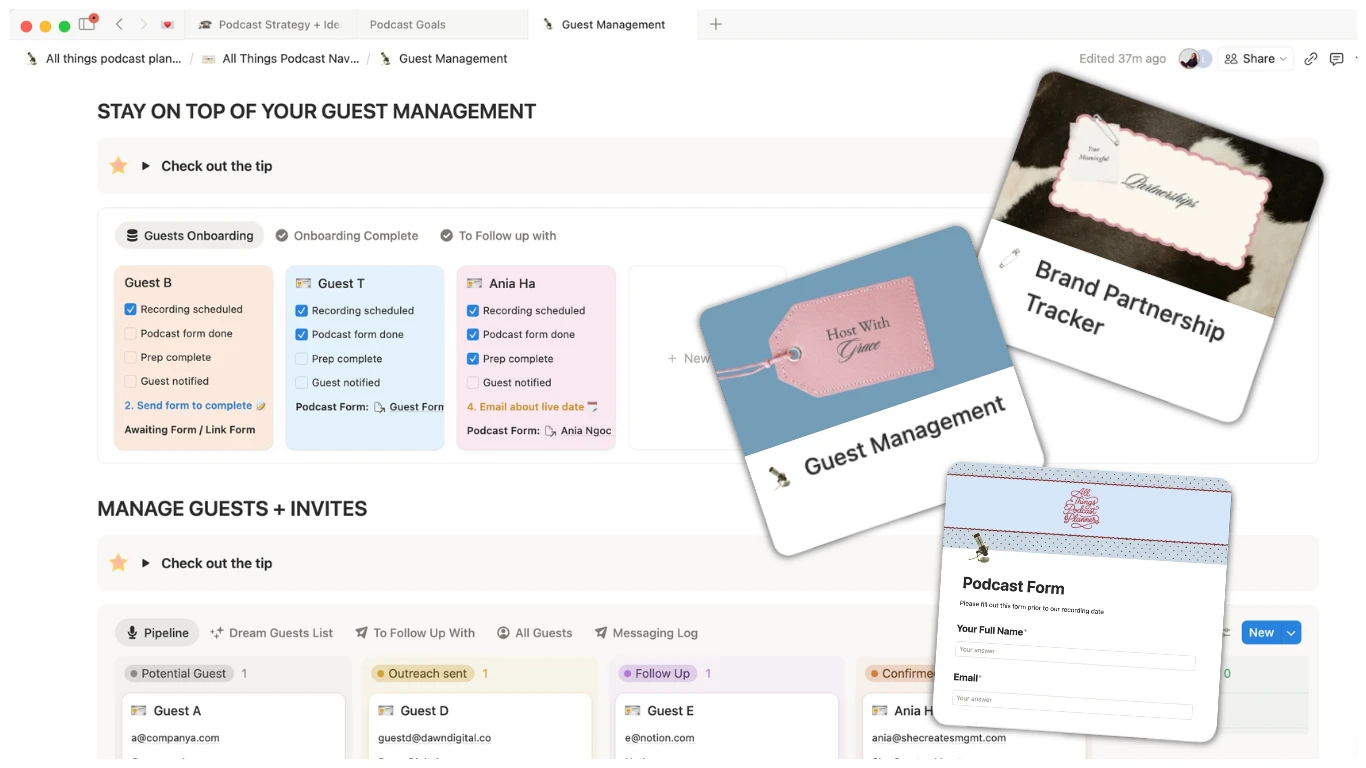 Podcast analytics workspace with subscriber tracker, monthly reports, and performance dashboard
