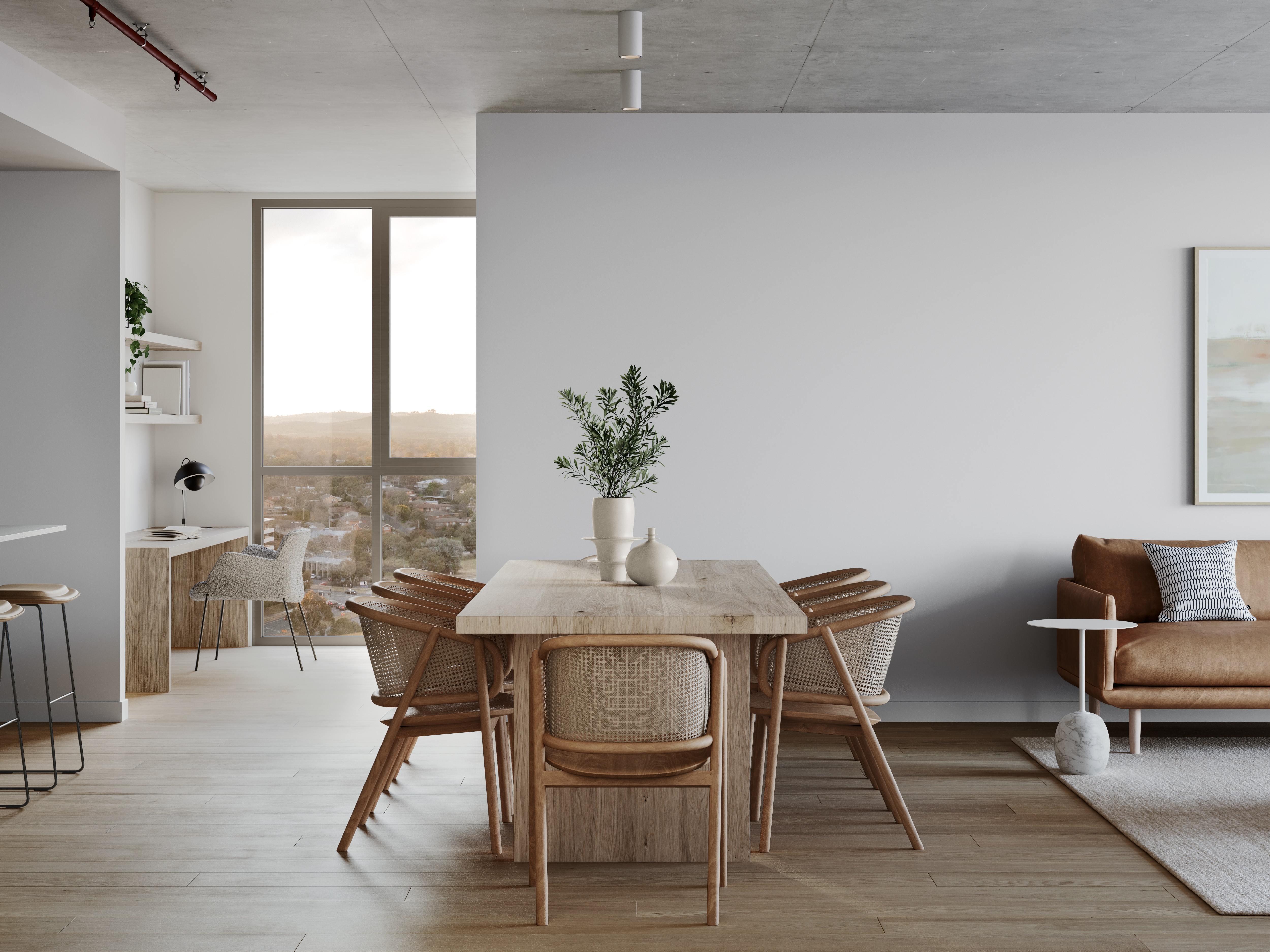 Warm timber dining space at The Charlotte Woden with modern study nook and large window views, showcasing off the plan Canberra living through Coposit.