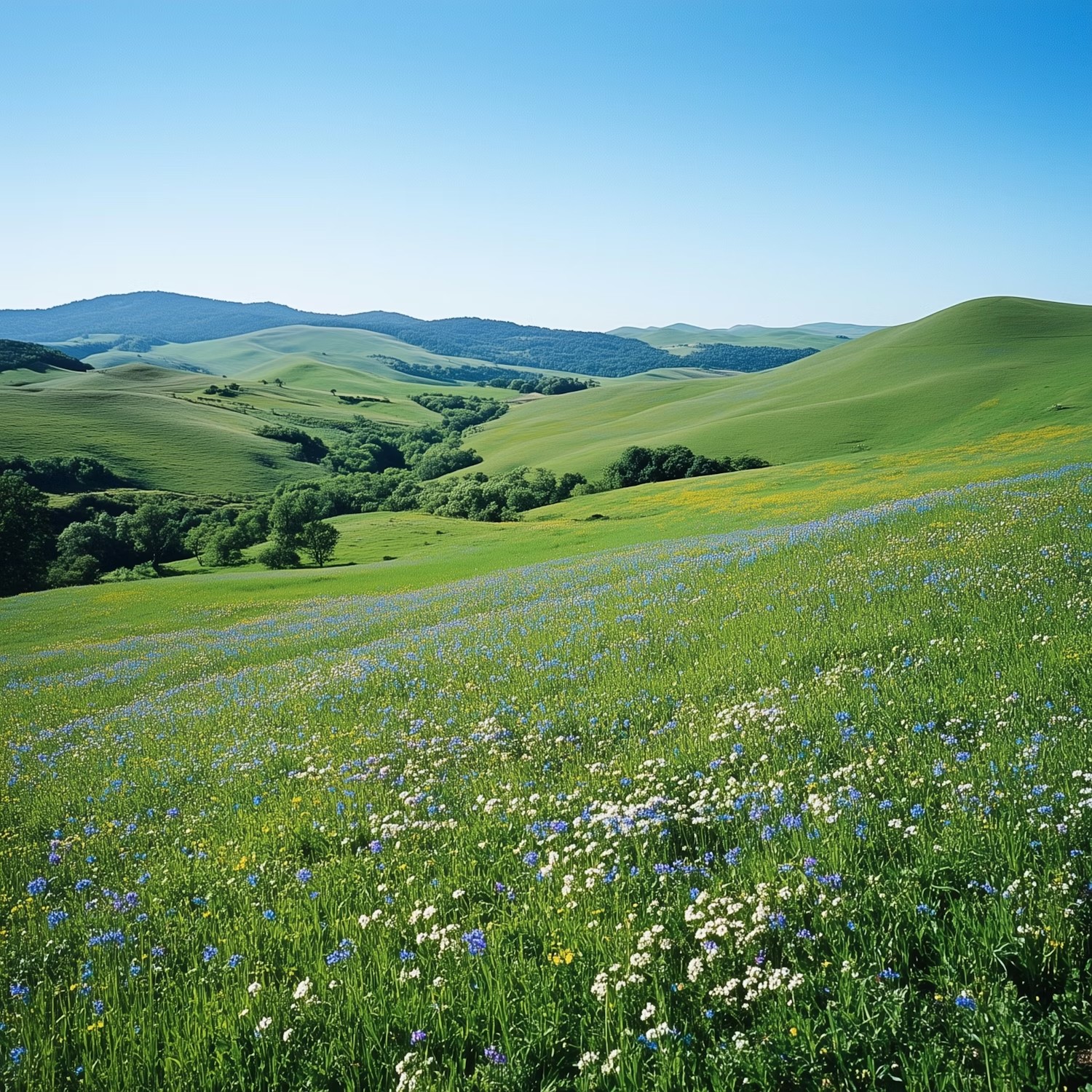 Rolling green hills dotted with wildflowers under a clear blue sky.