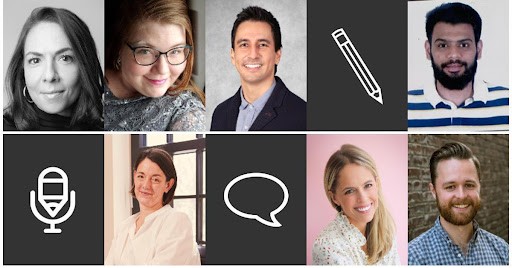 Grid of ten tiles featuring headshots of eight individuals and two icons: a pencil and a speech bubble. One tile shows a microphone icon. People are shown in a mix of professional and casual attire, with neutral or pink-toned backgrounds.