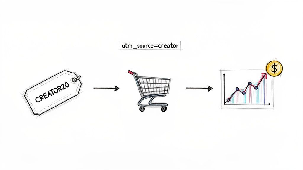 A diagram illustrating 'CREATOR20' tag leading to a shopping cart and then sales growth with a dollar sign.