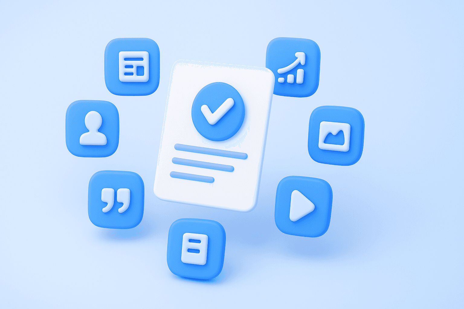 3D illustration of a blue folder with a document inside, surrounded by icons representing writing tools, ideas, and an “SRT” subtitle badge. A checkmark badge is displayed in the center.