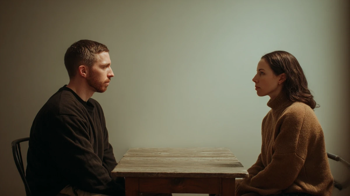 A couple sitting opposite each other with a noticeable distance between them.