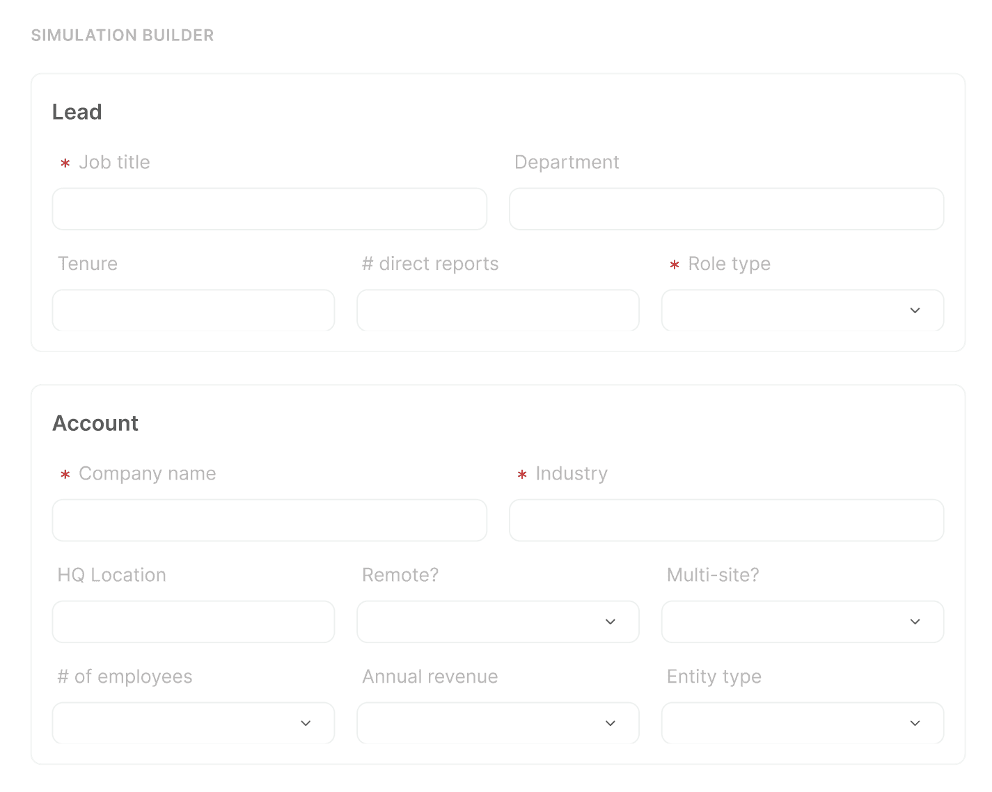 Interface for customizing sales simulations by lead job title, tenure, and detailed company account data.