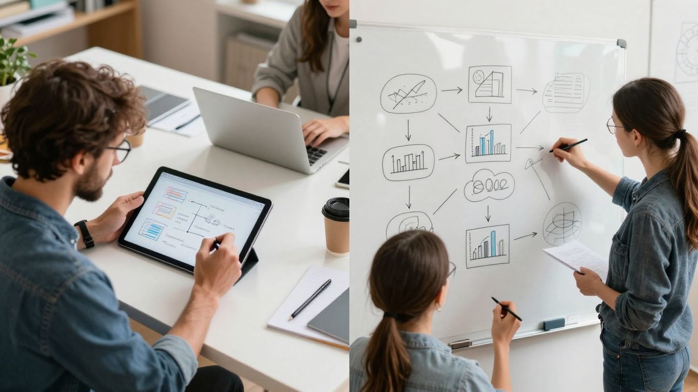 Split image: designer at tablet, team at whiteboard.