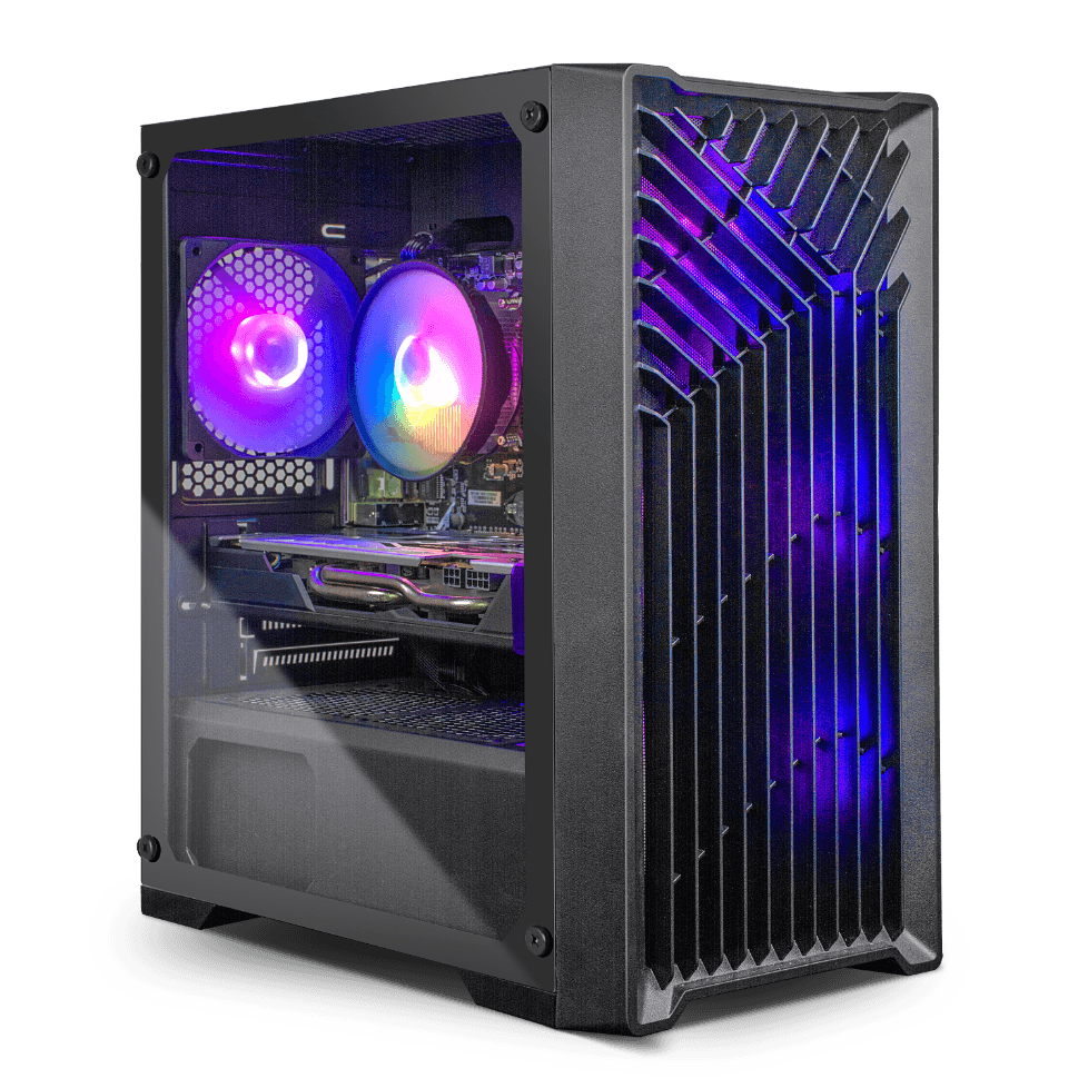 Side view of a black gaming PC case featuring tempered glass showcasing vibrant RGB lighting inside. Visible components include RGB cooling fans and a high-performance graphics card, ideal for gaming builds and modern setups.