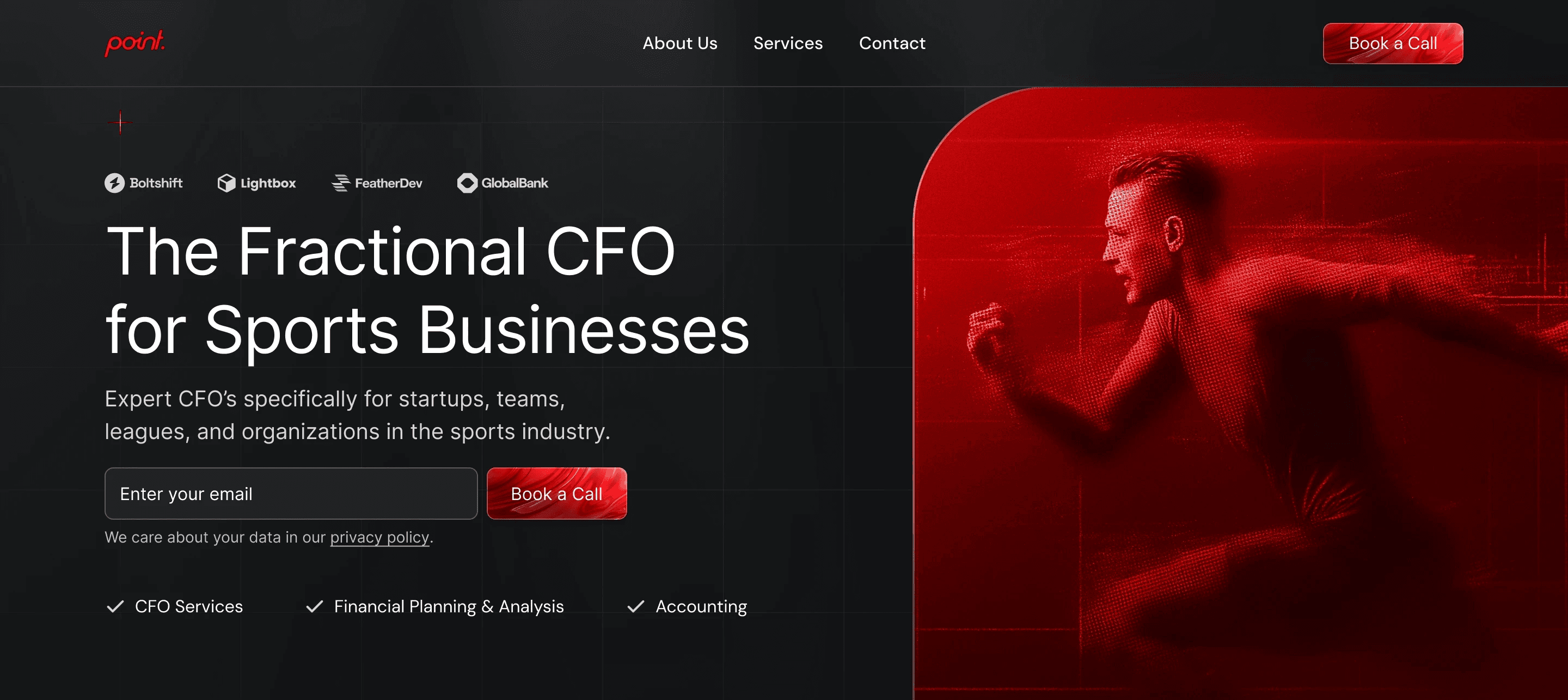 Sports business CFO services landing page design with dynamic athlete imagery