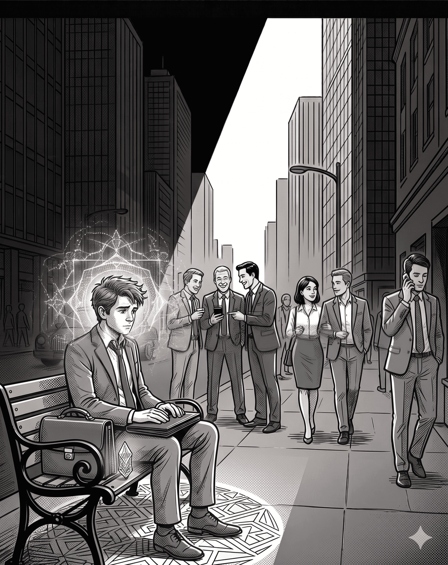 Imagem de uma ilustração em preto e branco demonstrando uma pessoa que se sente muito diferente das outras pessoas