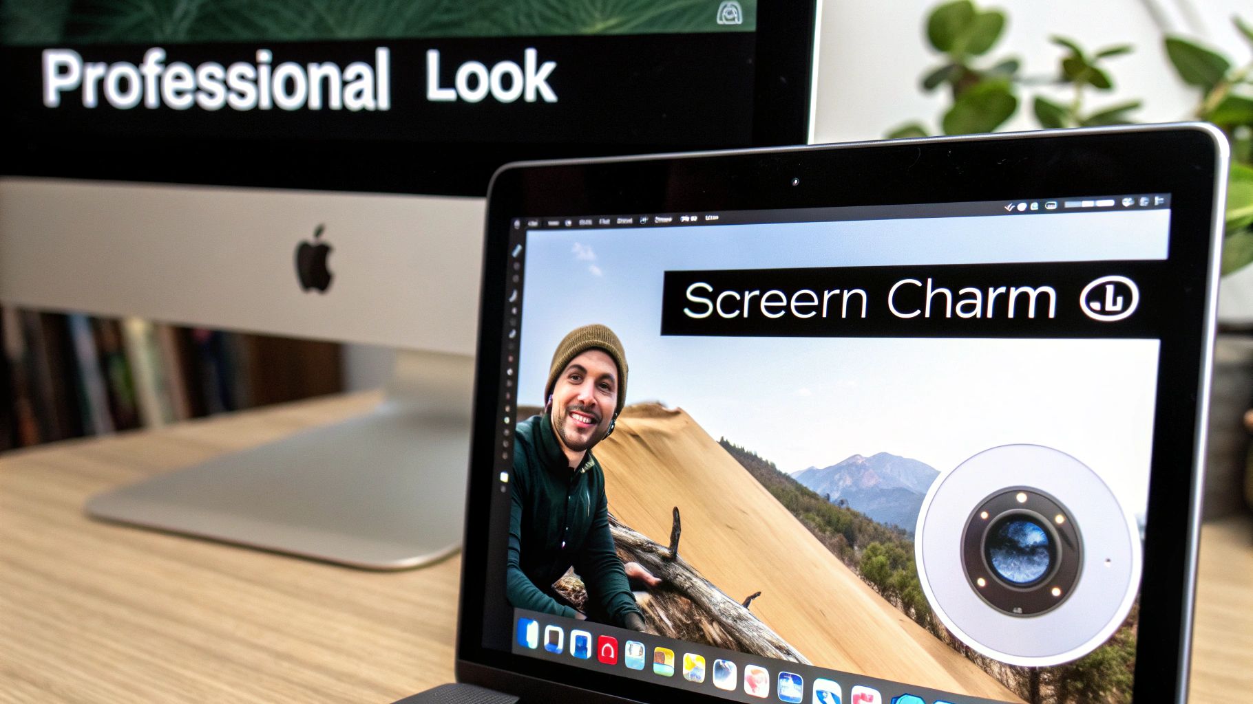 Close-up of a laptop displaying a man and 'Screen Charm' with an iMac in the background.