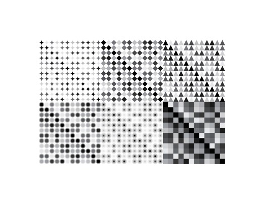square structures made of dots, squares, diamond shapes, triangles and four-corner stars