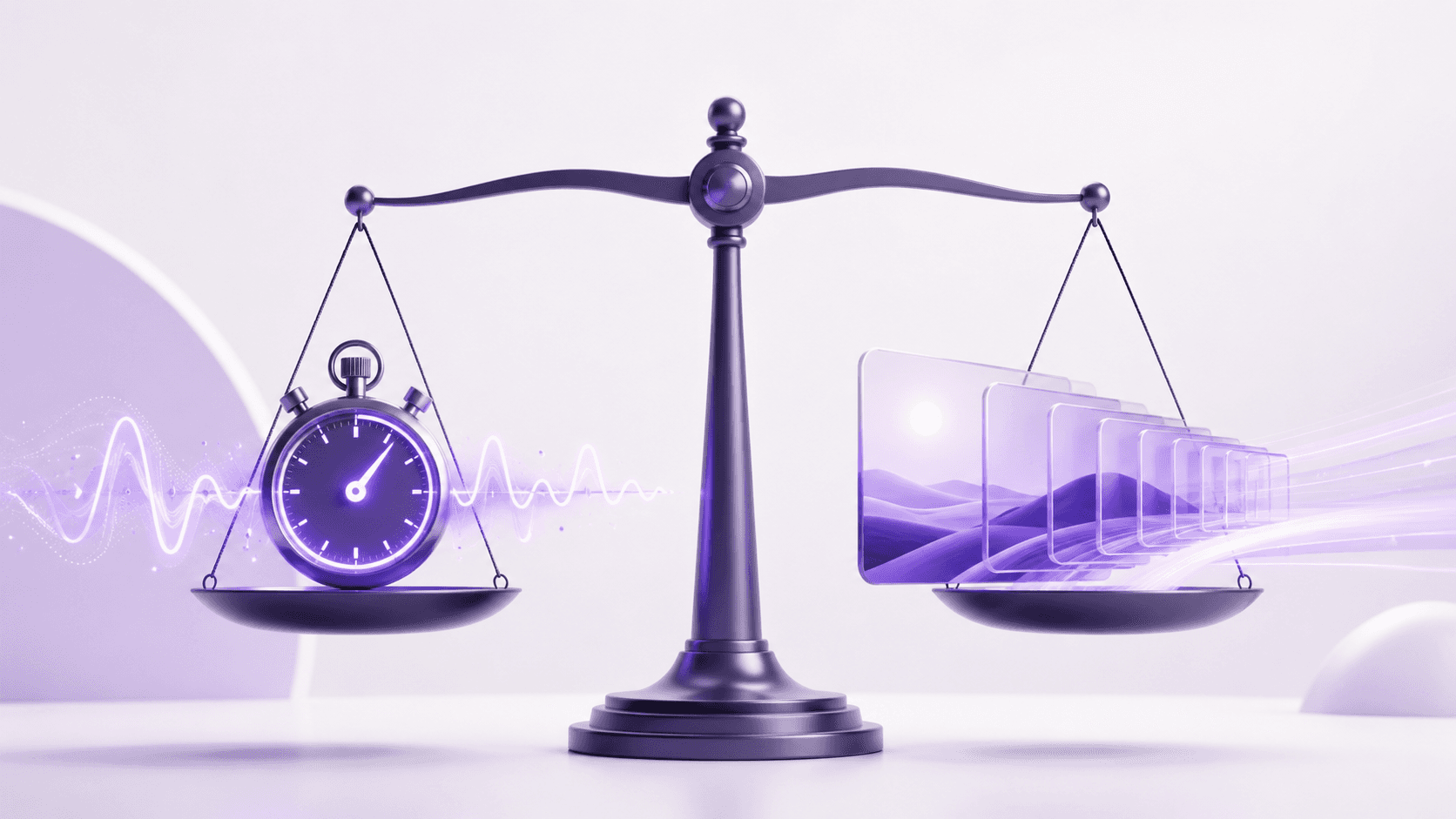 Balance scale weighing a stopwatch against a stream of video frames, representing the latency tradeoff in pixel streaming