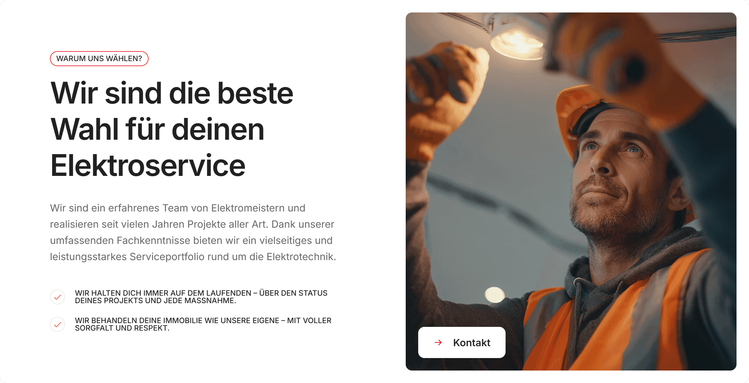 eine sektion einer Website eines Elektroinstallationsunternehmen, es geht darum, warum das Unternehmen die beste wahl ist